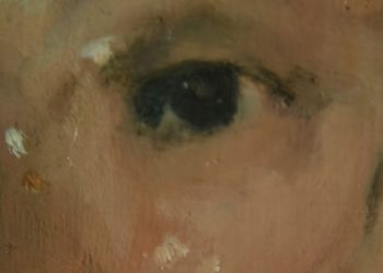 Detalle Malena Pichot portrait - Oil-resin on wood panel. 60 x 45 cm. 2019