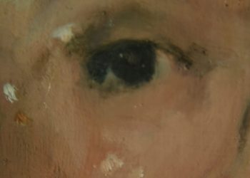Detalle Malena Pichot portrait - Oil-resin on wood panel. 60 x 45 cm. 2019